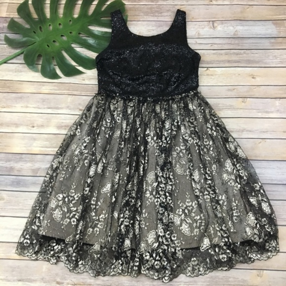 Leifsdottir Anthropologie Black Gold Sequin Lace Dress!!!